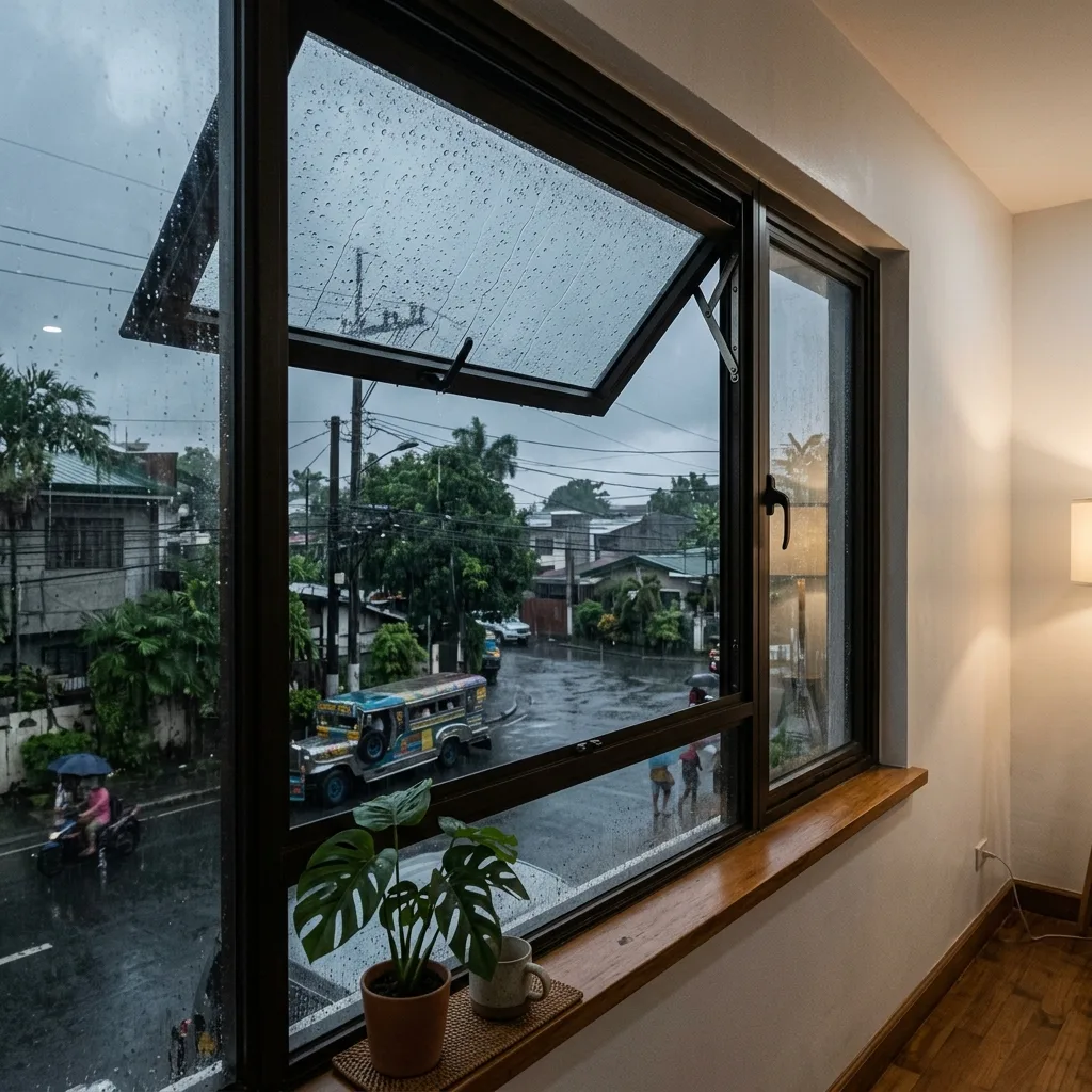 Awning window open during a rainy day deflecting water