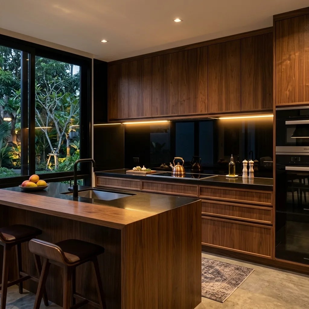 Sleek black back-painted glass backsplash in a luxury kitchen