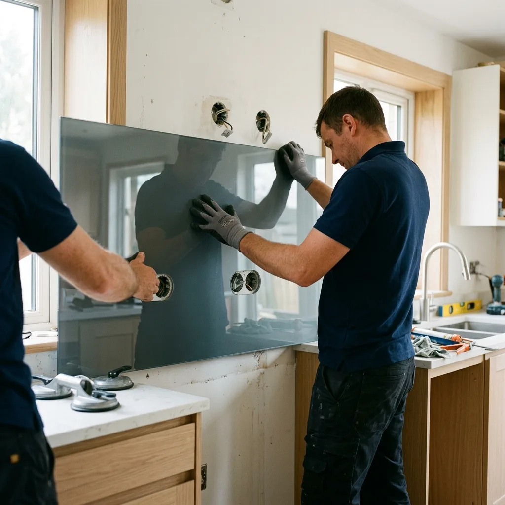 Installers mounting a large custom glass panel onto a kitchen wall