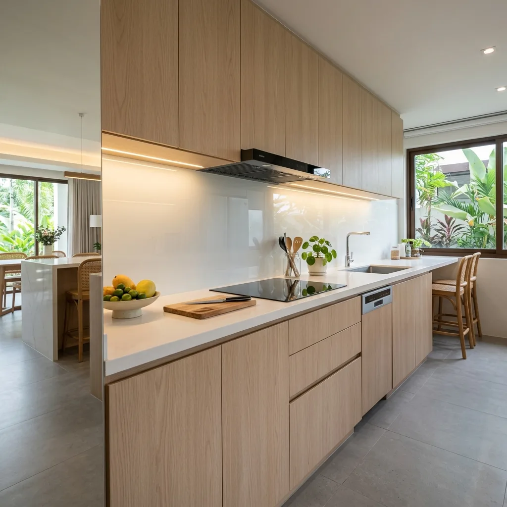 Glossy white back-painted glass backsplash in a modern Philippine kitchen