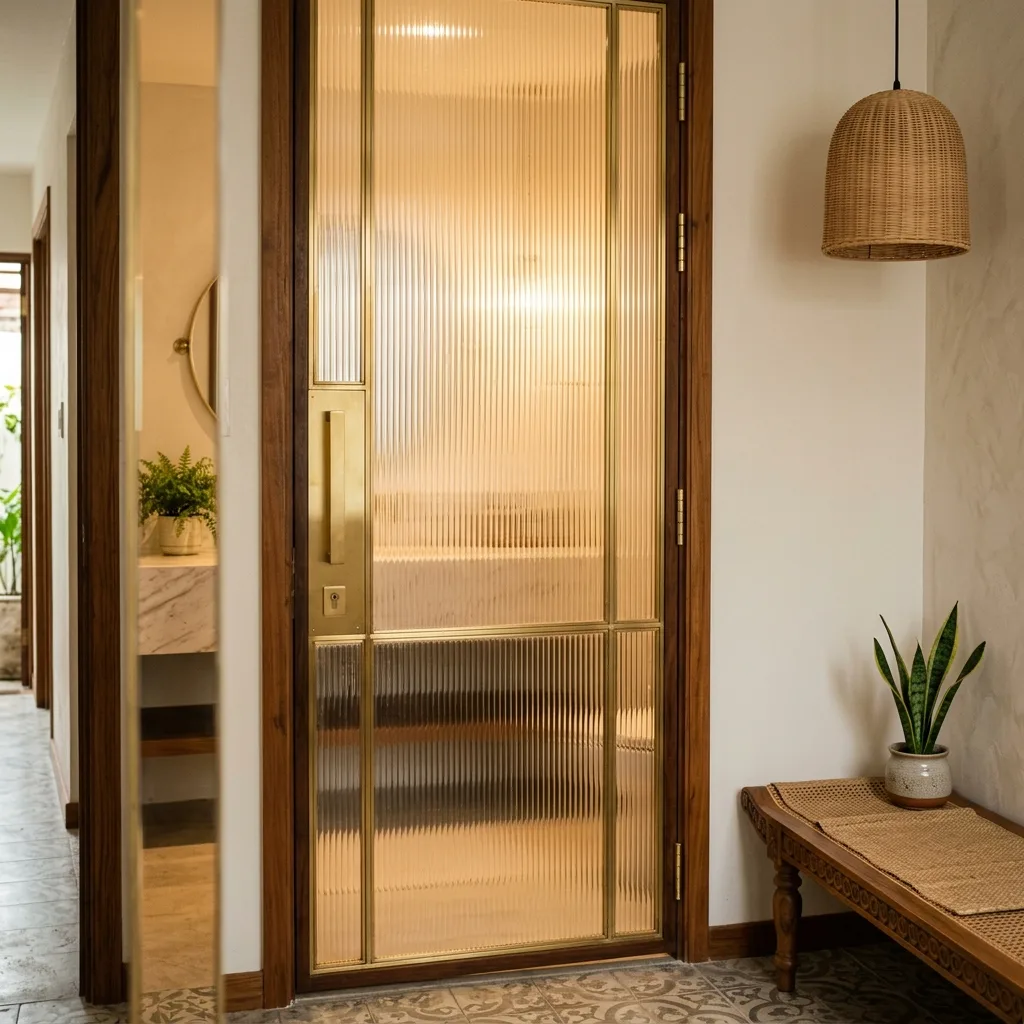 Trendy fluted ribbed glass bathroom door with brass hardware