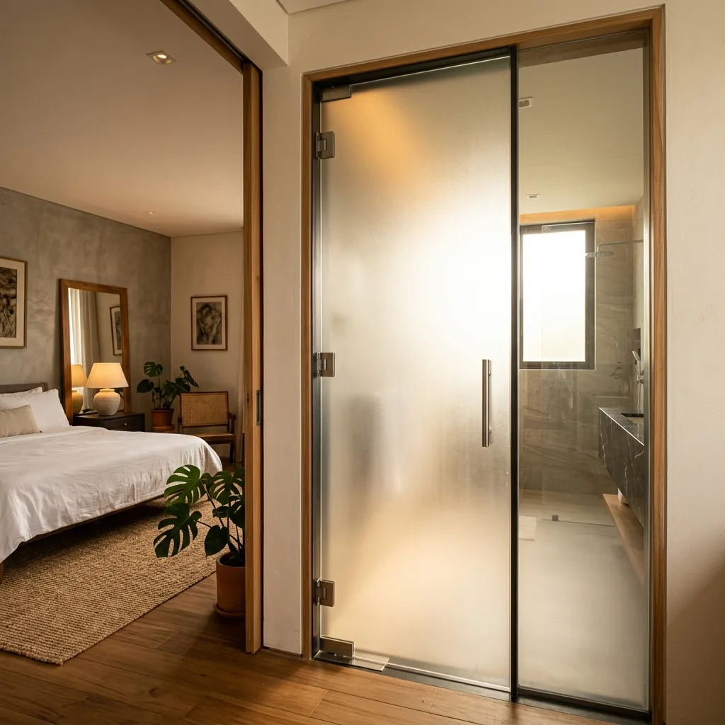 Sleek frameless frosted glass bathroom door separating a master bedroom
