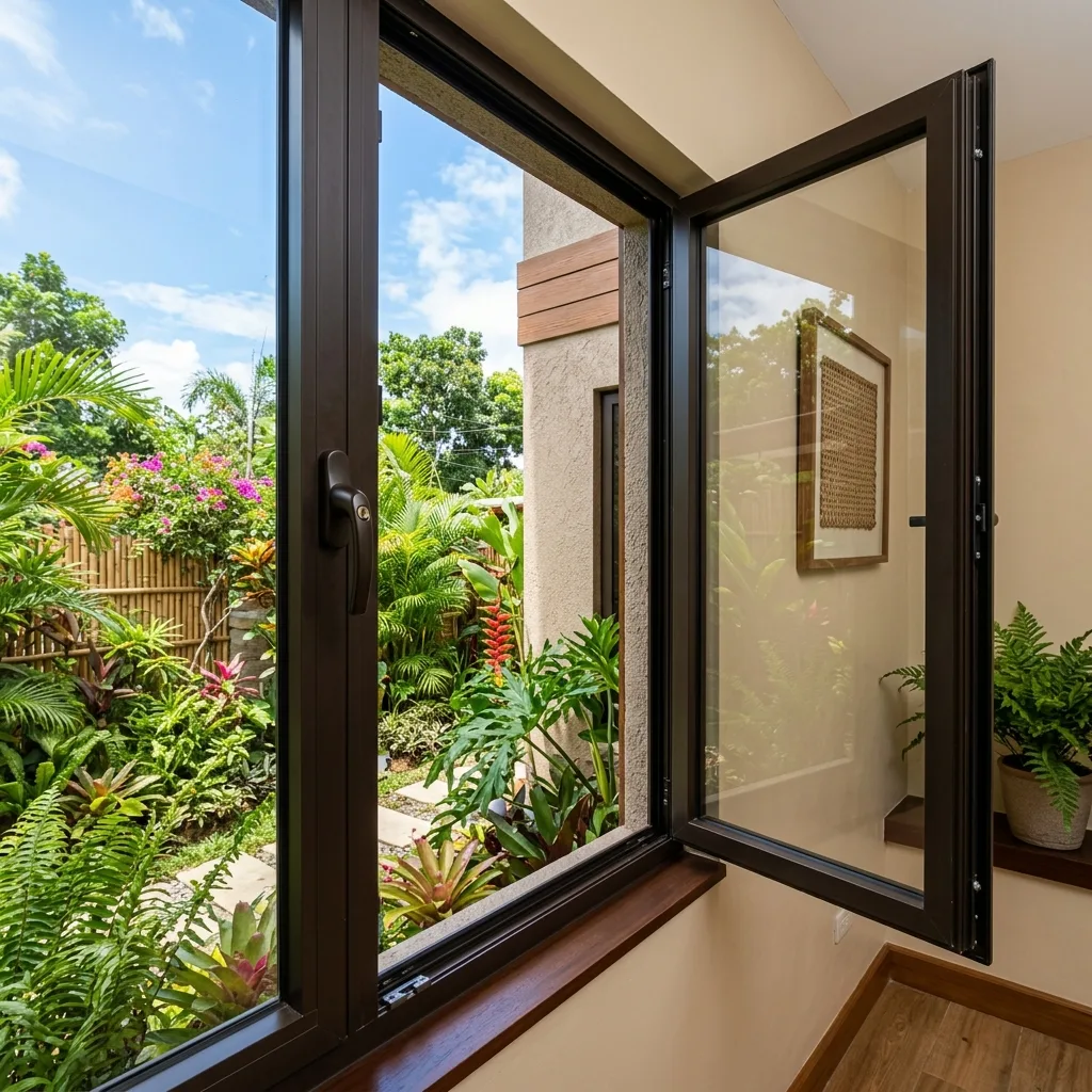 Aluminum casement window fully open showing maximum ventilation in a Philippine home