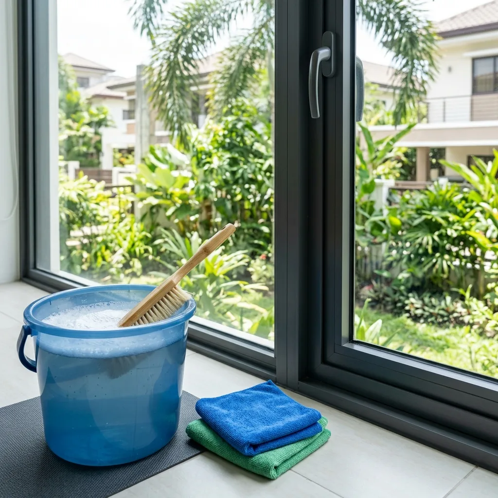 Bucket of soapy water, microfiber cloths, and soft brushes next to an aluminum window