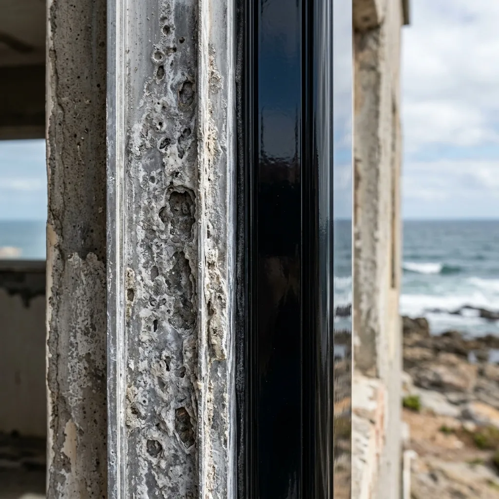 Close up showing severe white pitting corrosion on an unprotected aluminum window frame next to a pristine powder-coated frame