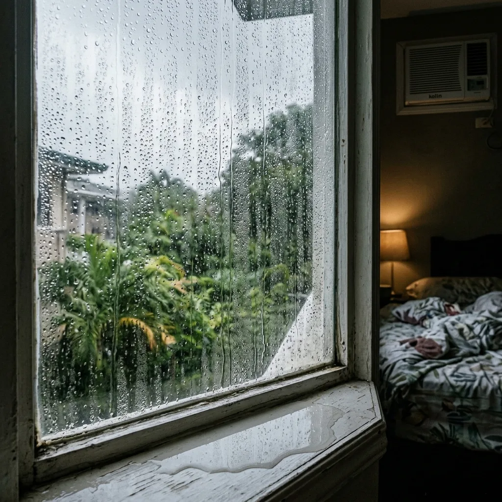 Heavy condensation on single-pane window glass in AC room