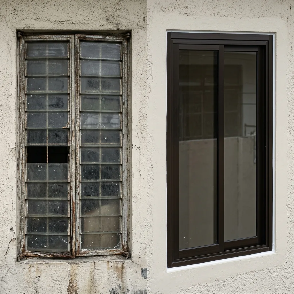 Before and after window replacement — old corroded frame next to brand new aluminum window