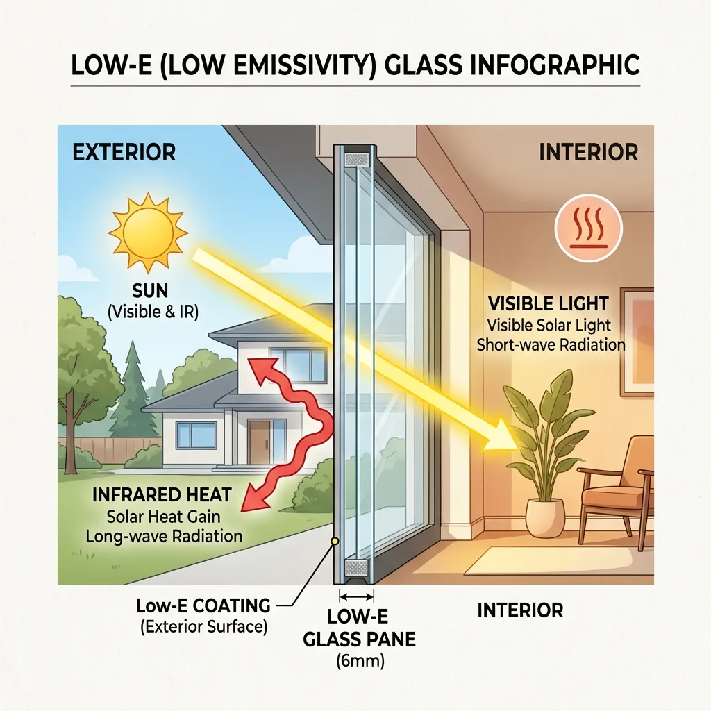 Infographic diagram showing Low-E glass reflecting infrared heat while passing visible light