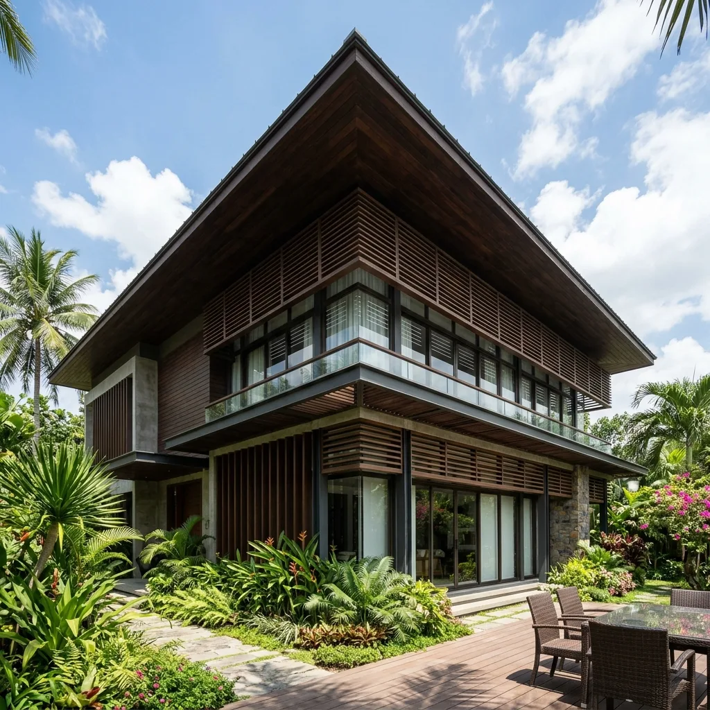 Tropical Philippine house exterior with deep roof overhangs and timber louvers shading the windows