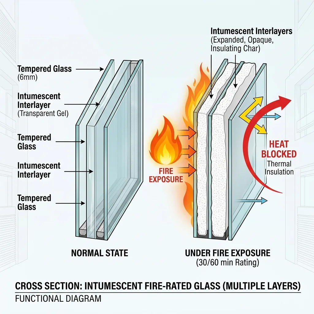 Diagram showing how intumescent fire-rated glass expands to block heat