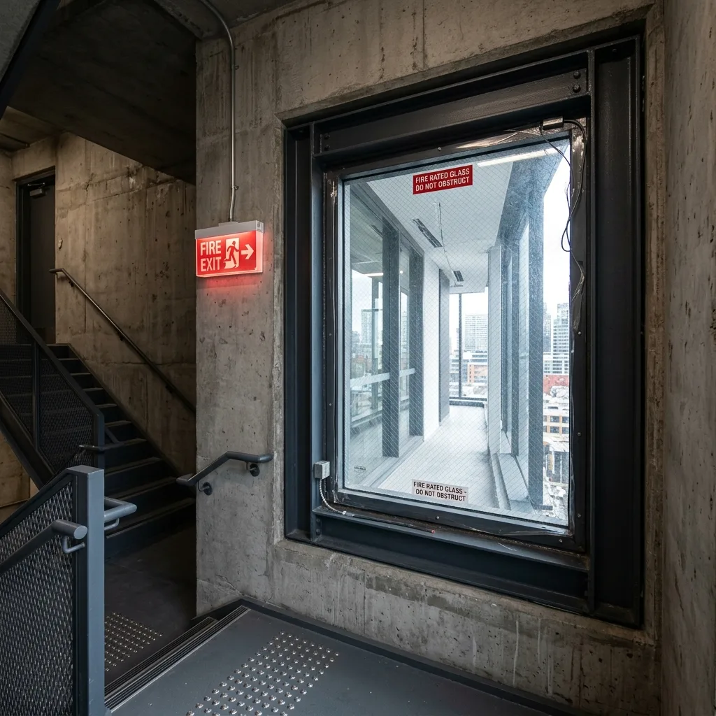 Fire-rated glass window looking into an emergency concrete exit stairwell