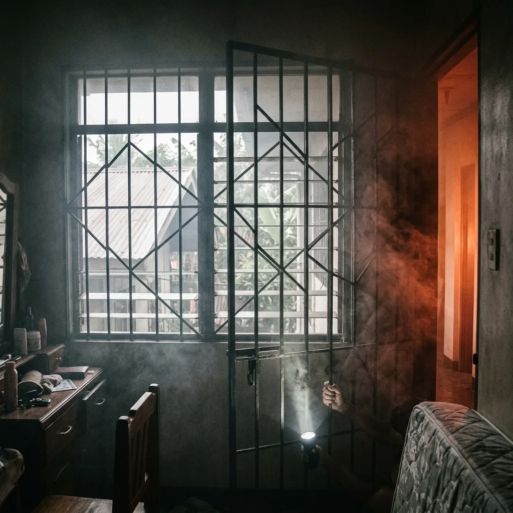 View from inside a room with window grilles during a fire emergency showing the bars blocking escape