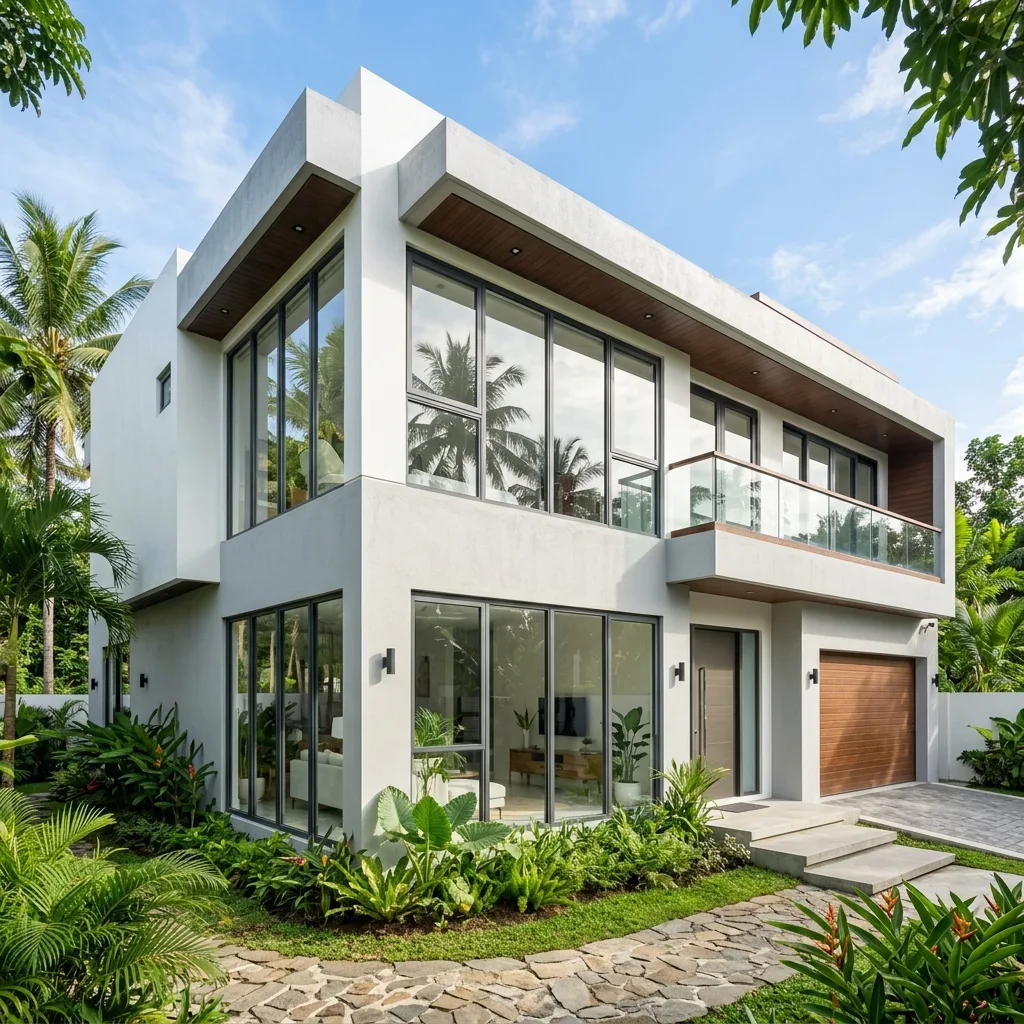 Modern Philippine home with clean grille-free casement windows and tempered glass