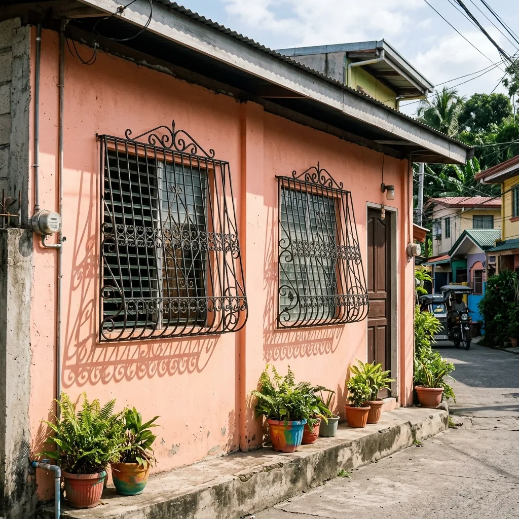 Traditional Filipino house with steel window grilles