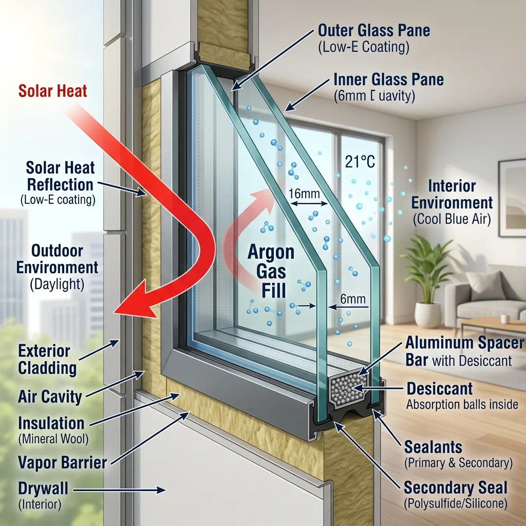Double-glazed Insulated Glass Unit cross section blocking solar heat