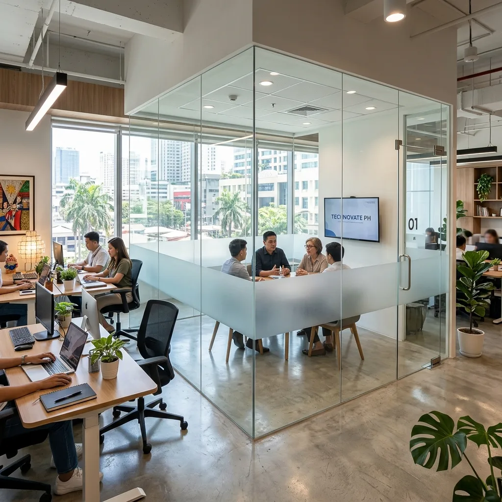 Modern frameless glass meeting room with frosted privacy band