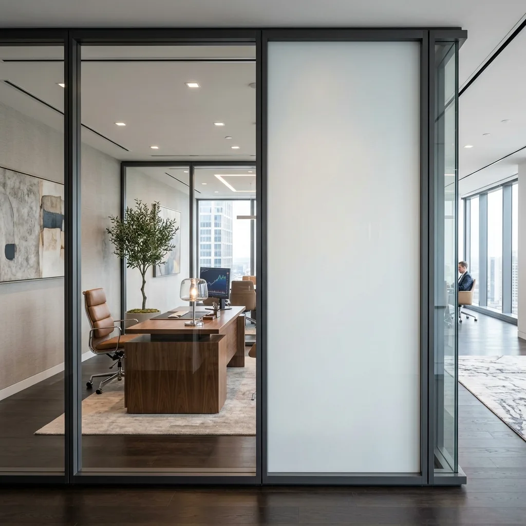 High-tech smart glass partition transitioning from clear to opaque