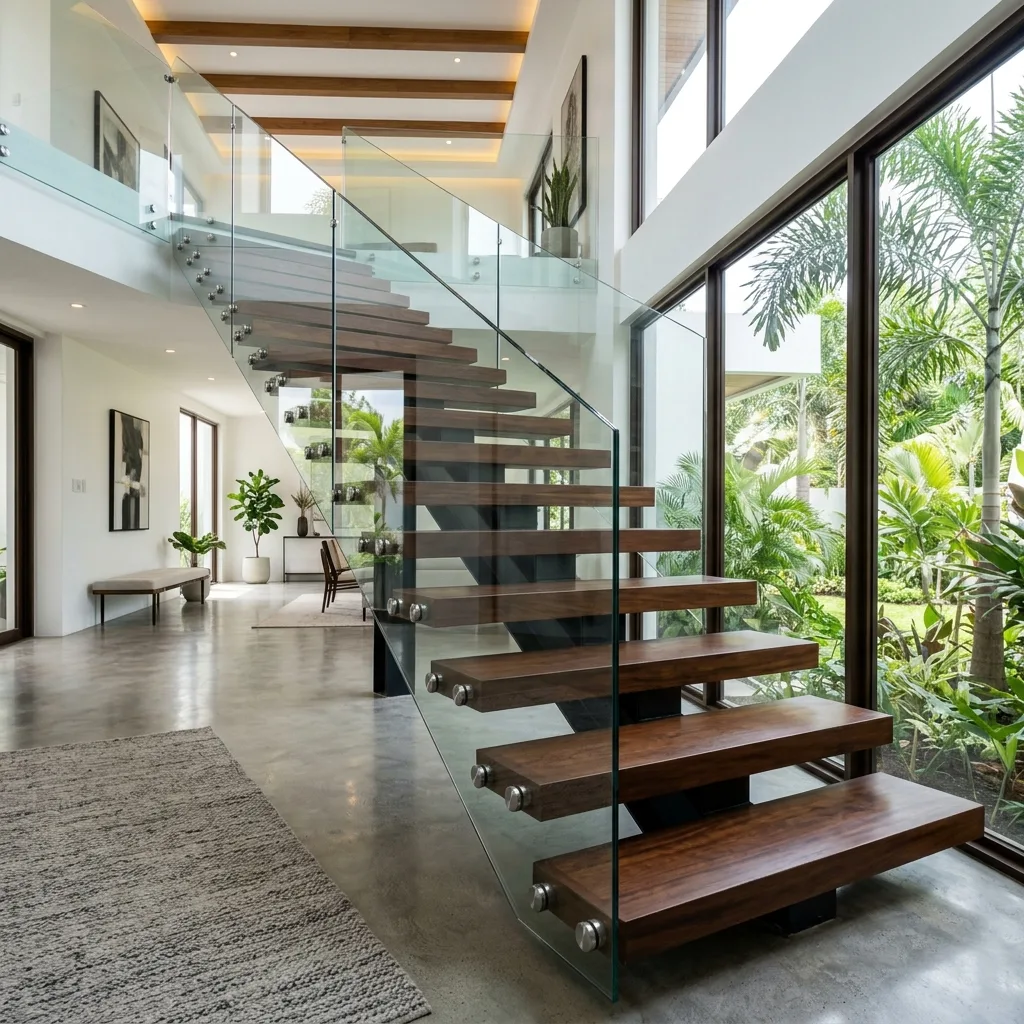 Glass staircase railing mounted with stainless steel standoff pins