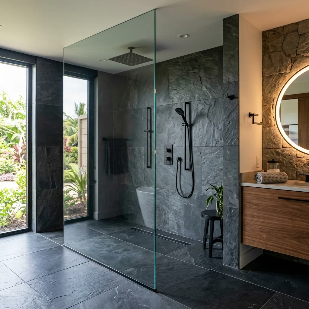Luxury walk-in shower with floor-to-ceiling frameless glass splash panel and matte black fixtures