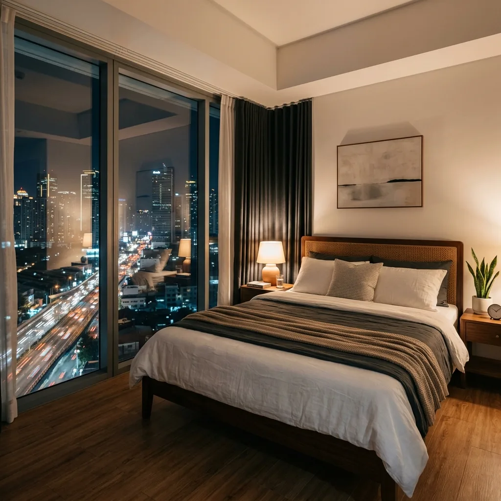 Peaceful condo bedroom with acoustic windows at night, city view visible through glass