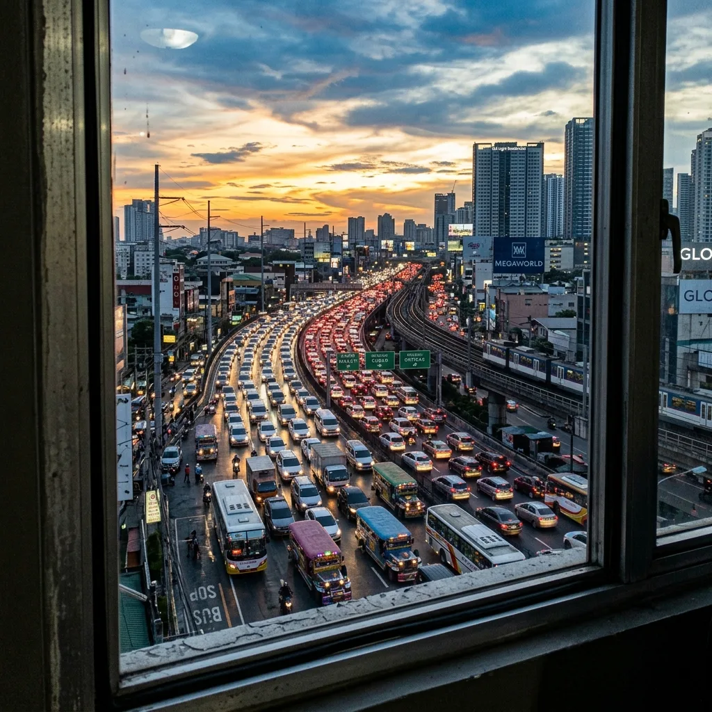 View from Philippine condo looking down at noisy highway traffic at dusk