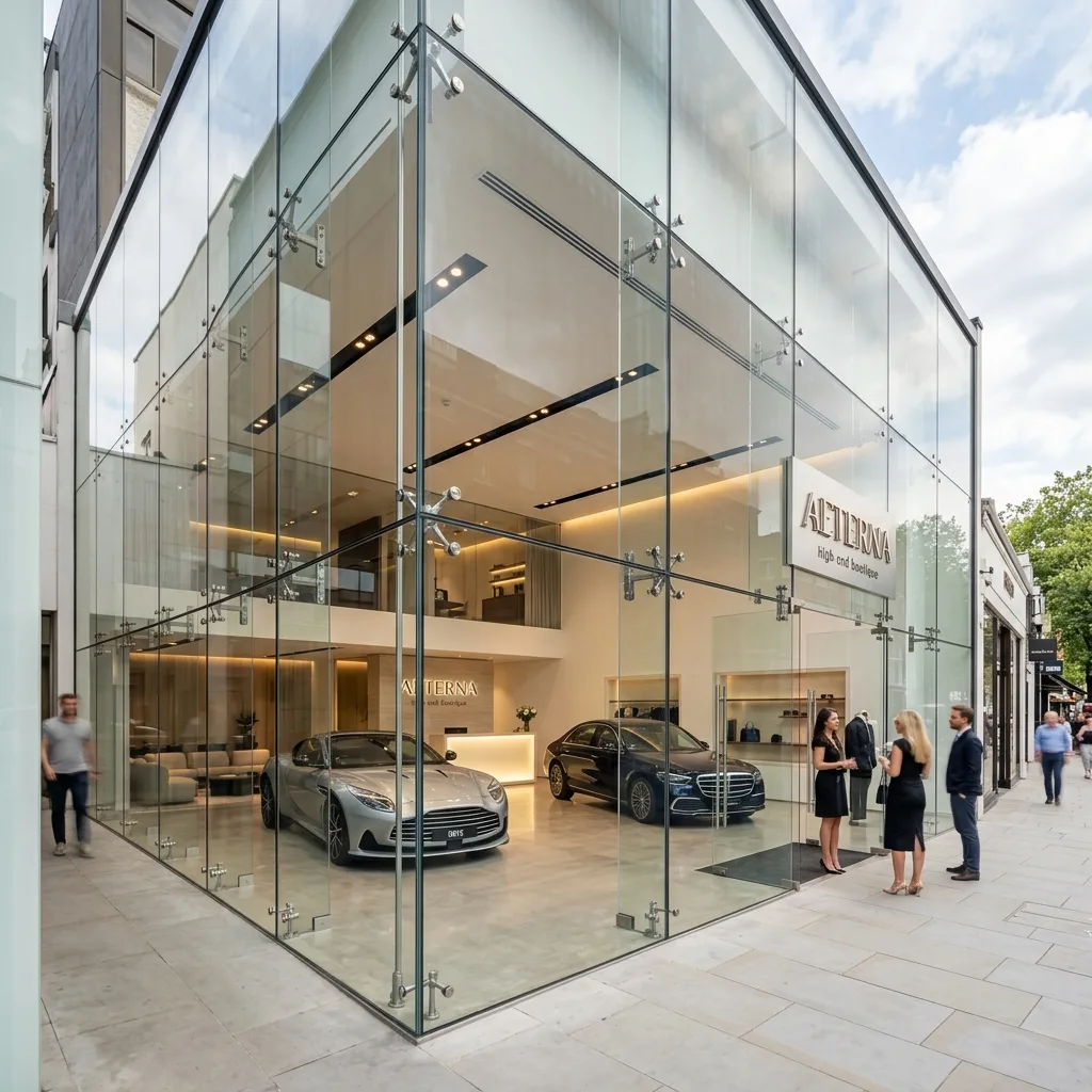 High-end frameless spider glass system for luxury retail storefront