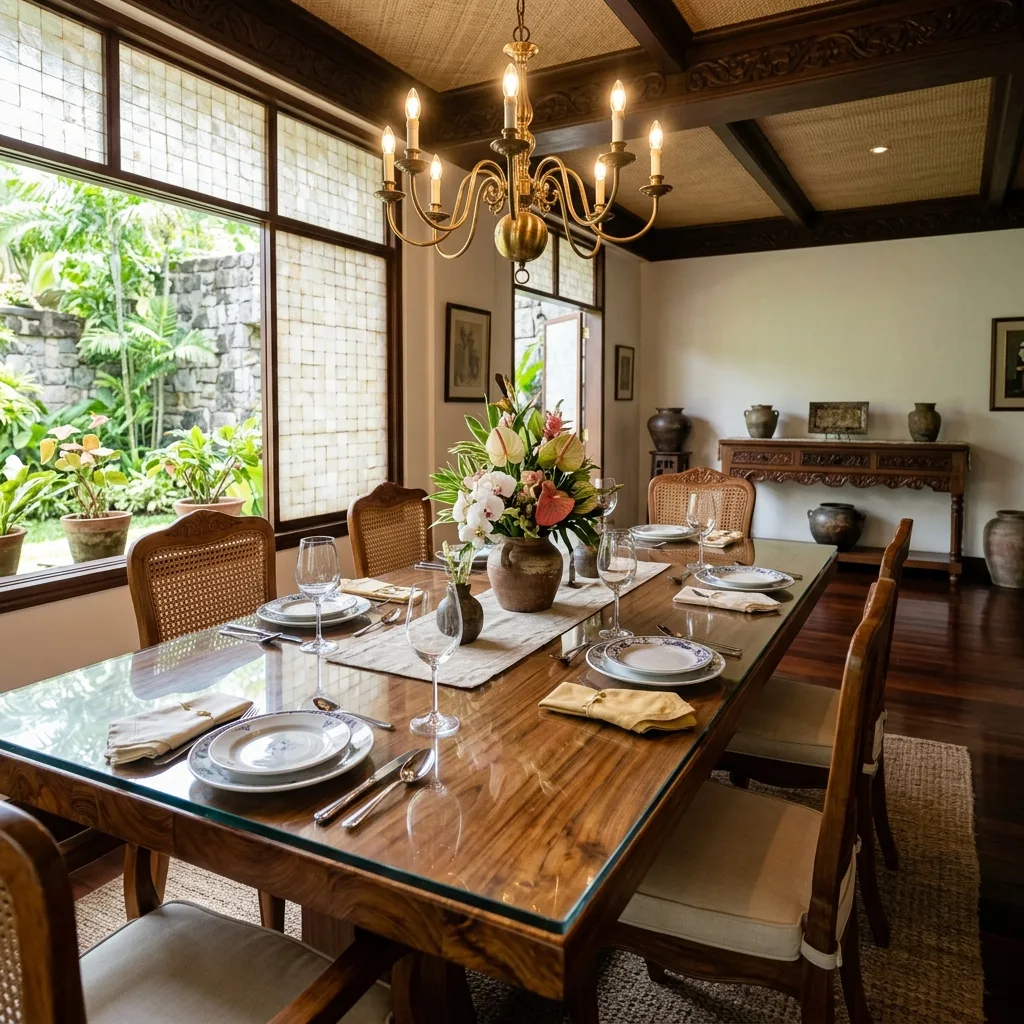 Clear tempered glass table top protecting a solid Narra wood dining table