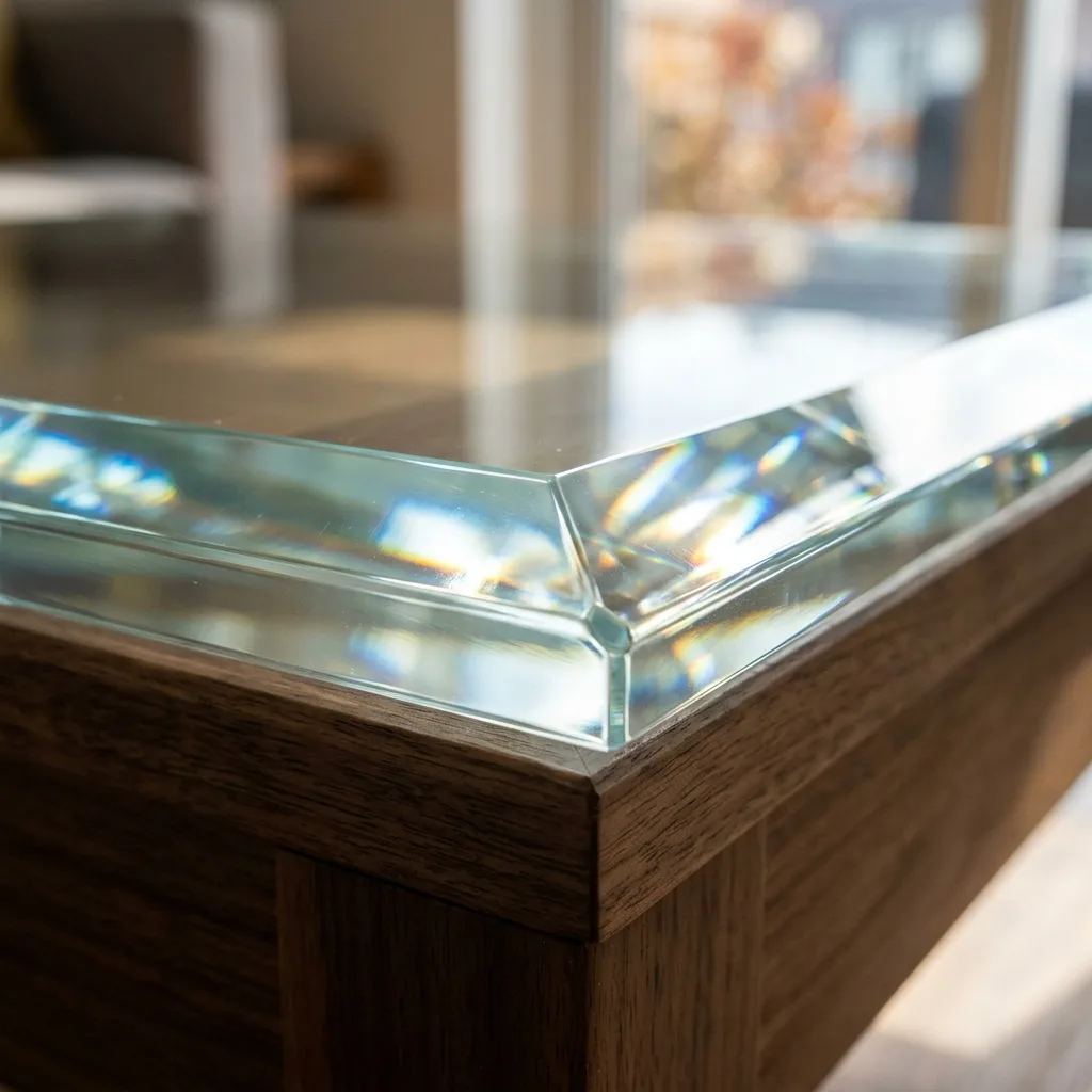 Macro photography showing a polished beveled edge on a thick glass table top