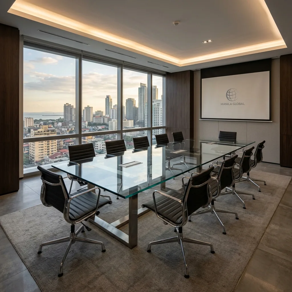 Sleek corporate conference table made of 12mm thick clear glass