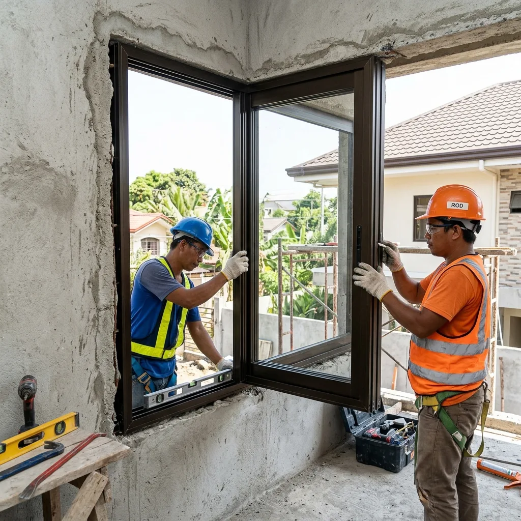 Professional window installation team fitting a new heavy-duty aluminum window frame