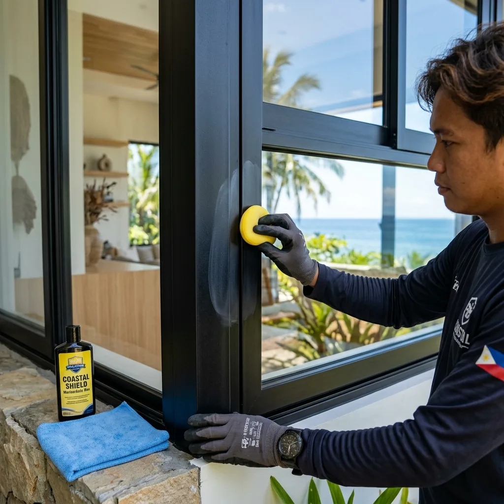 Applying automotive paste wax to a black powder-coated aluminum window frame