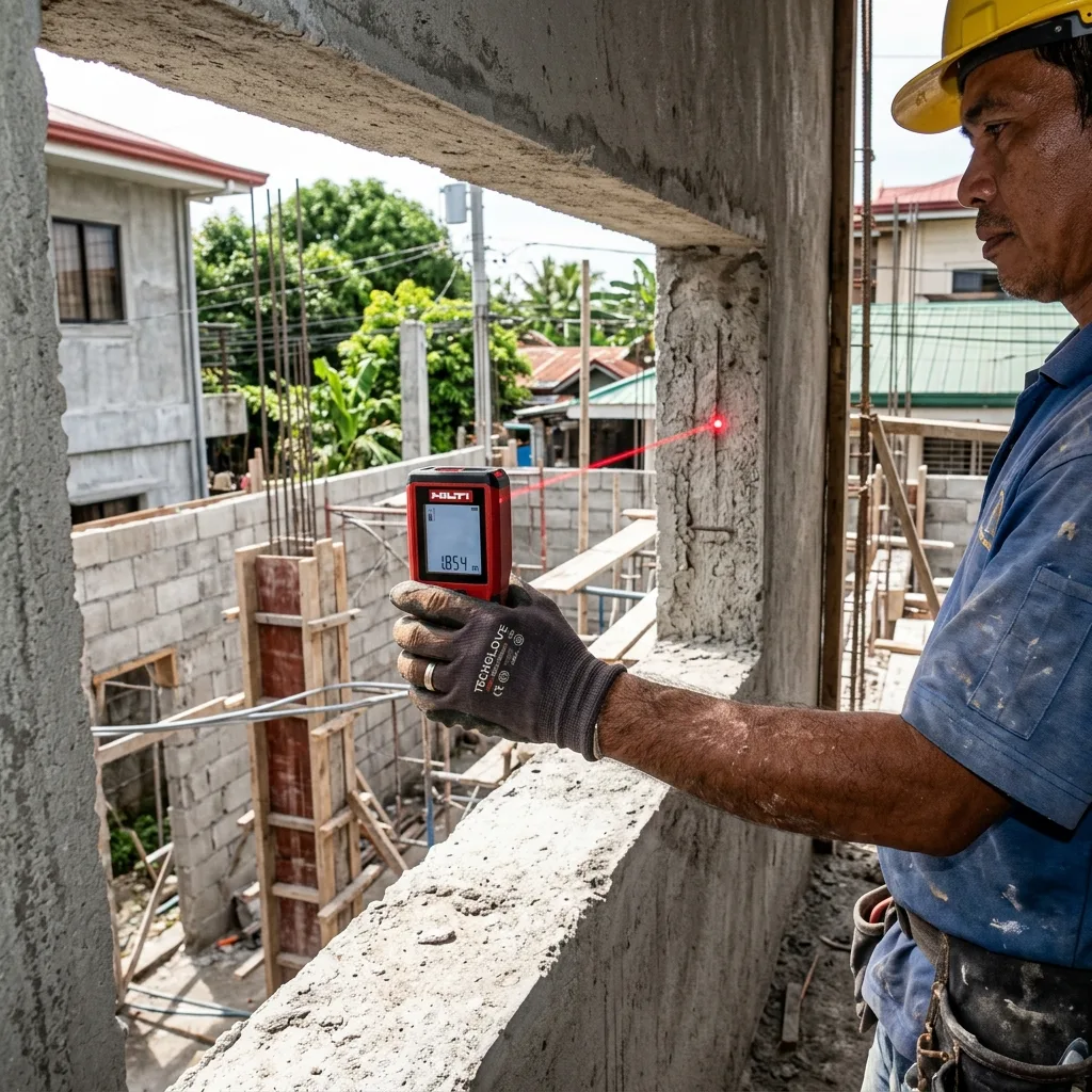 Professional window installer using a red laser distance meter to measure a concrete window opening