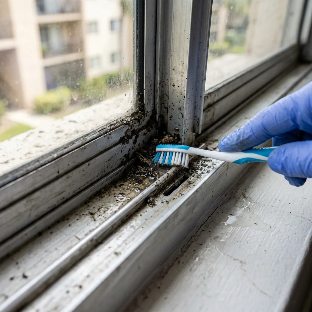 Using a soft toothbrush to clean dirt and debris out of an aluminum sliding window track