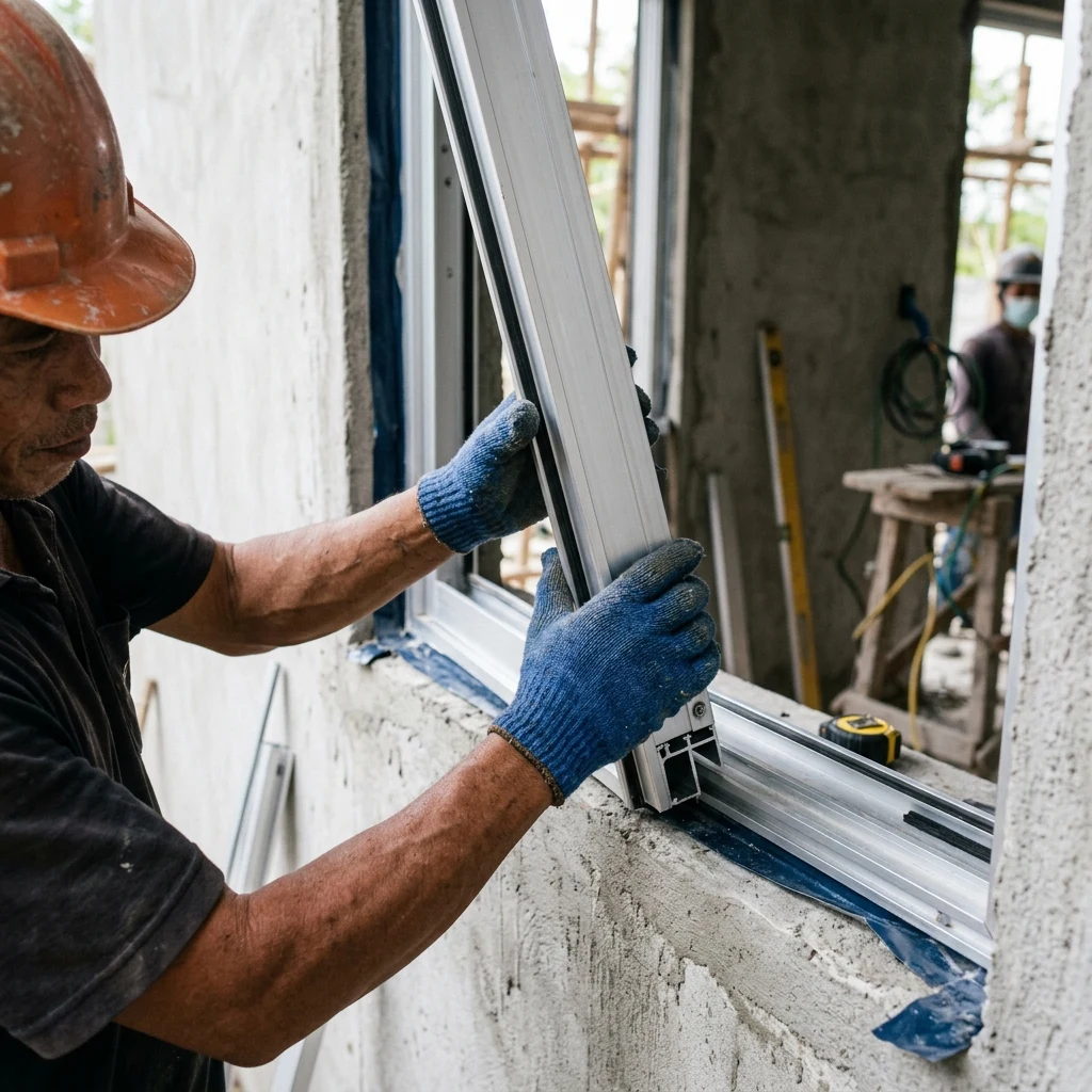 Installer Fitting Aluminum Window Frame On-Site Philippines